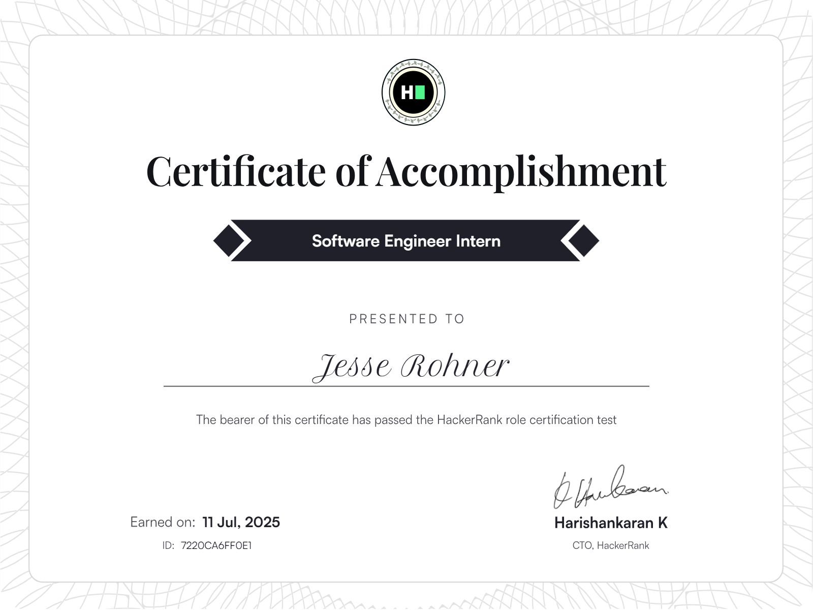 Software Engineer Intern Certificate